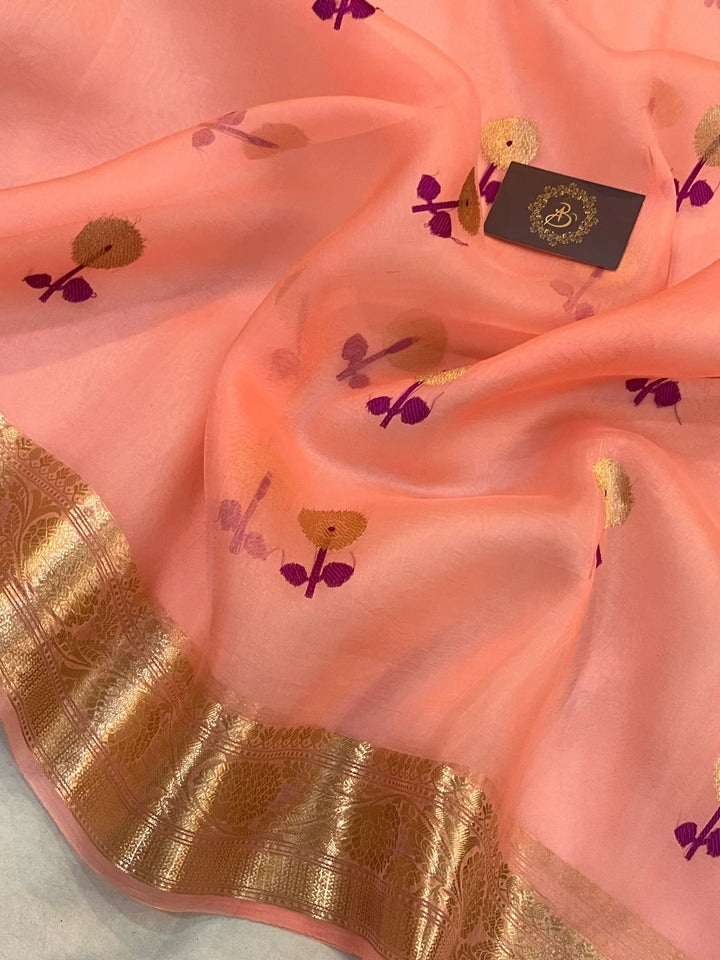 Peach Pure Kora Silk Handloom Banarasi Saree