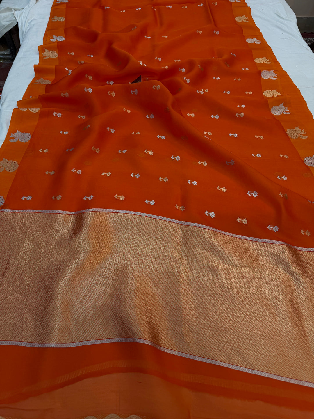 Orange Pure Kora Silk Handloom Banarasi Saree