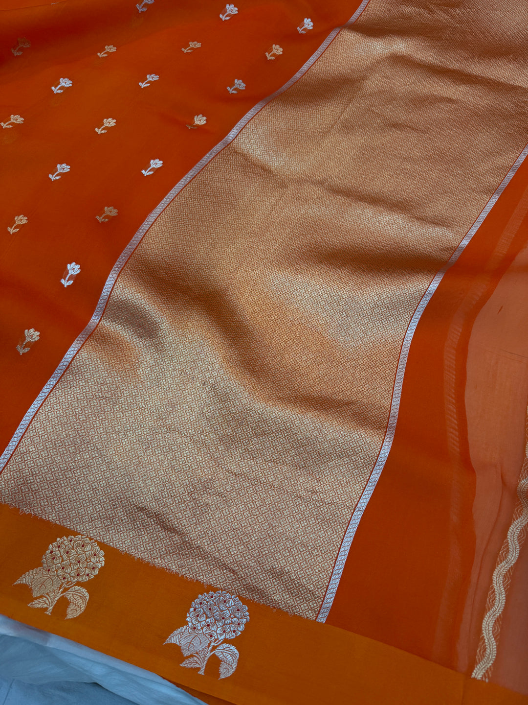 Orange Pure Kora Silk Handloom Banarasi Saree
