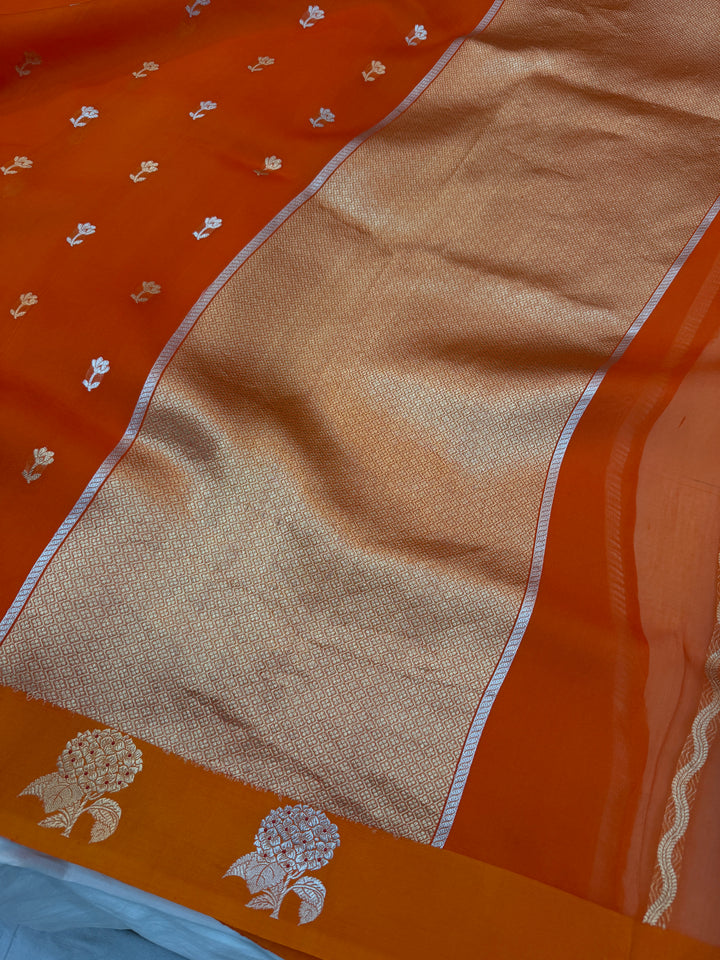 Orange Pure Kora Silk Handloom Banarasi Saree