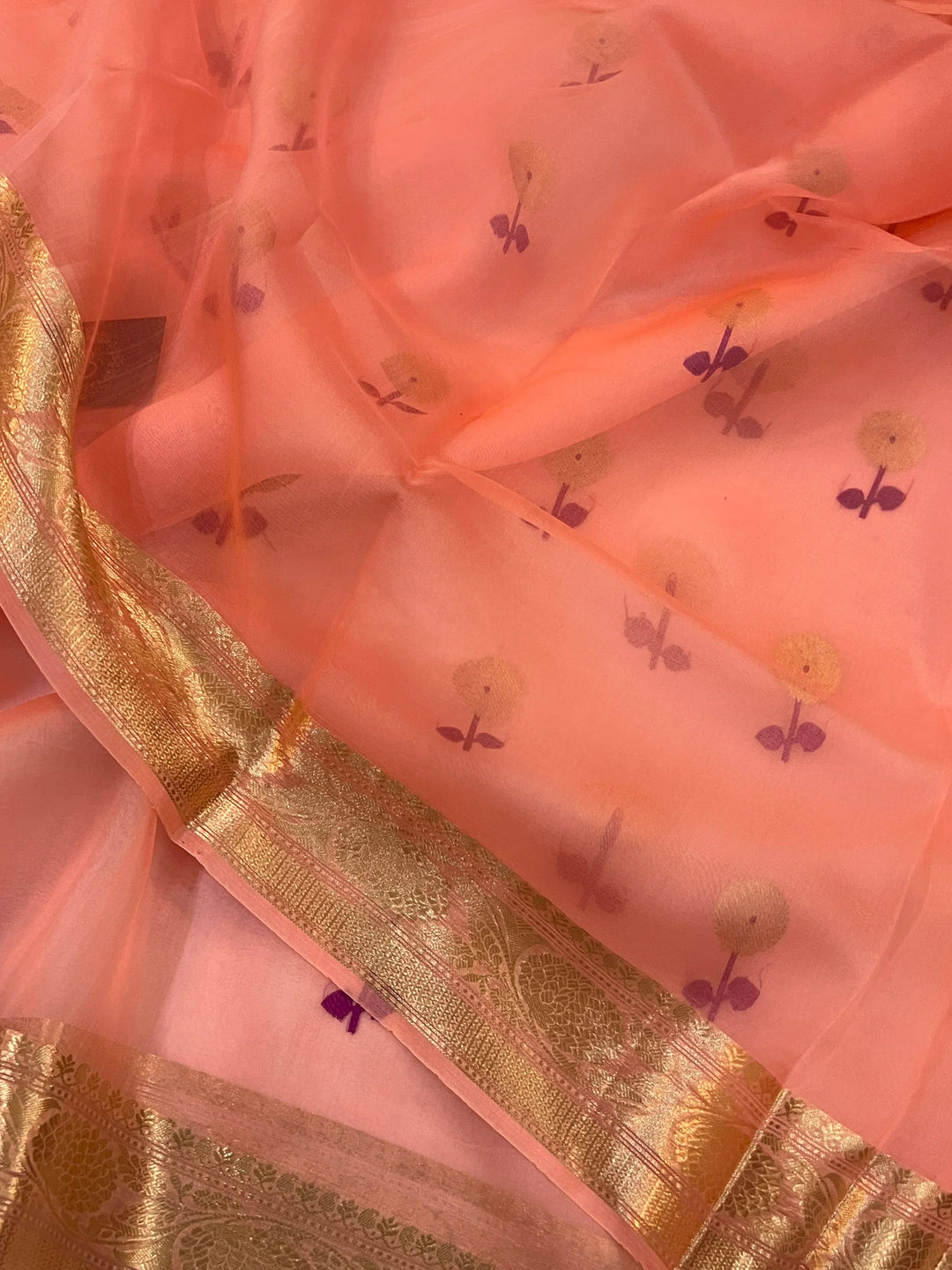 Peach Pure Kora Silk Handloom Banarasi Saree