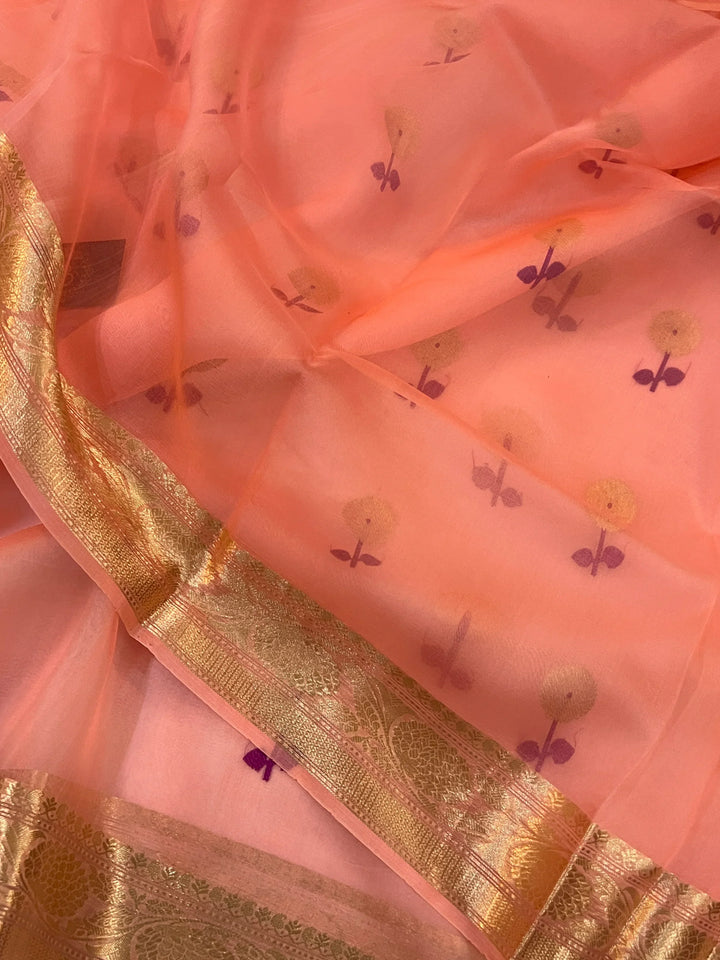 Peach Pure Kora Silk Handloom Banarasi Saree