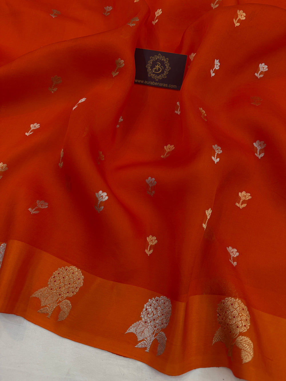 Orange Pure Kora Silk Handloom Banarasi Saree