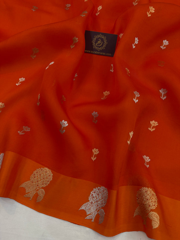 Orange Pure Kora Silk Handloom Banarasi Saree