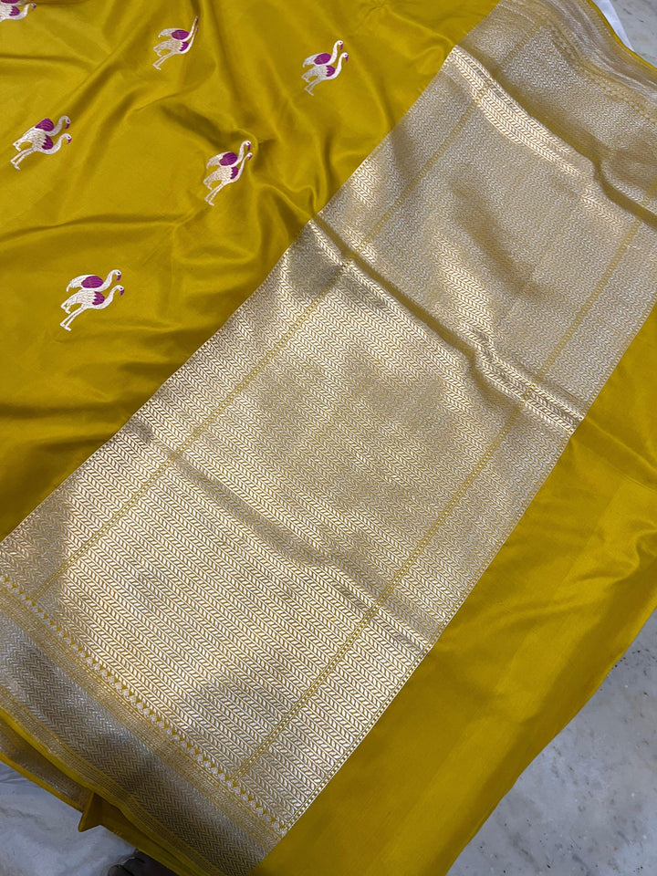 Mustard Yellow Banarasi Handloom Katan Silk Saree - Aura Benaras