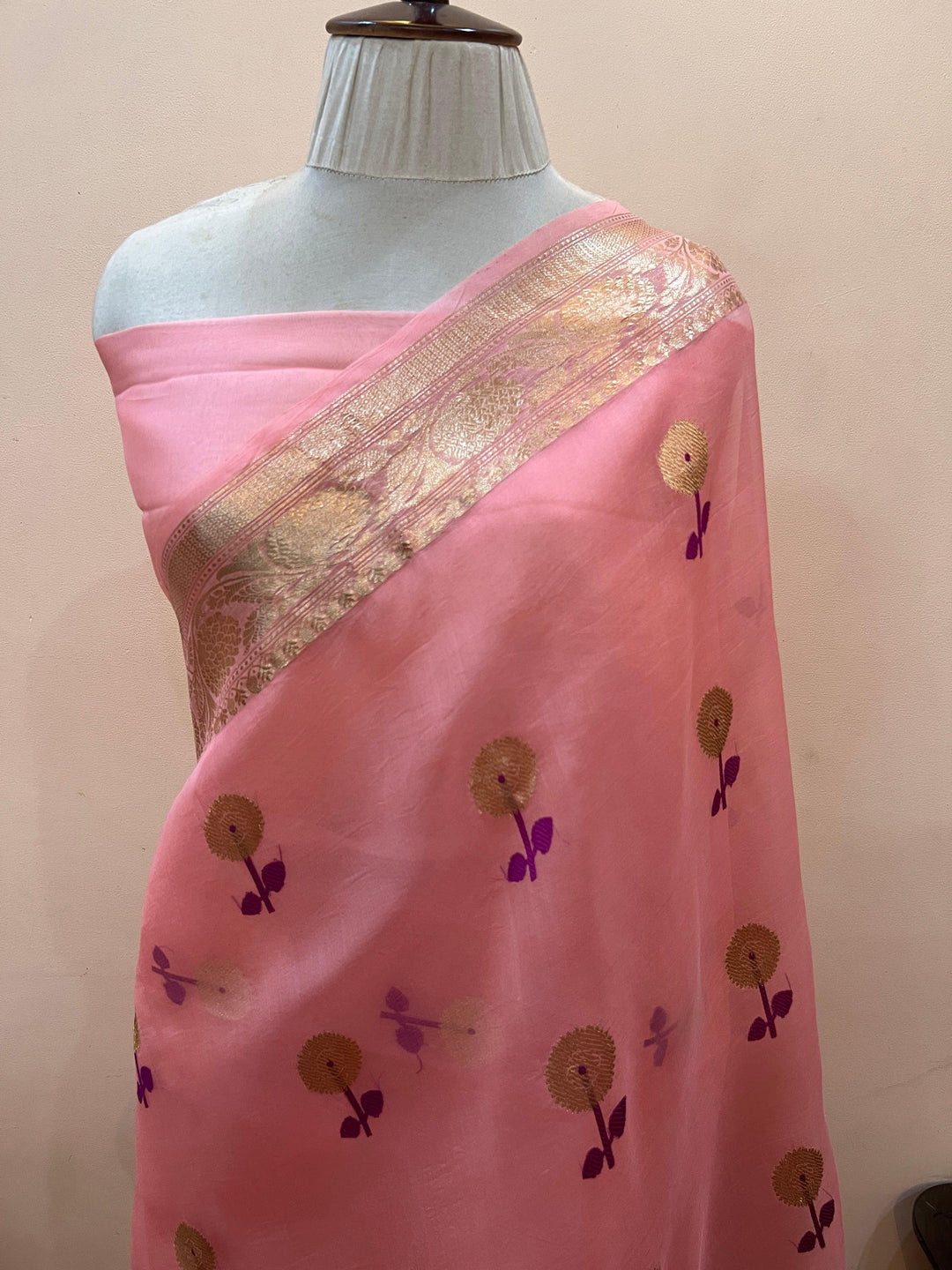 Peach Pure Kora Silk Handloom Banarasi Saree