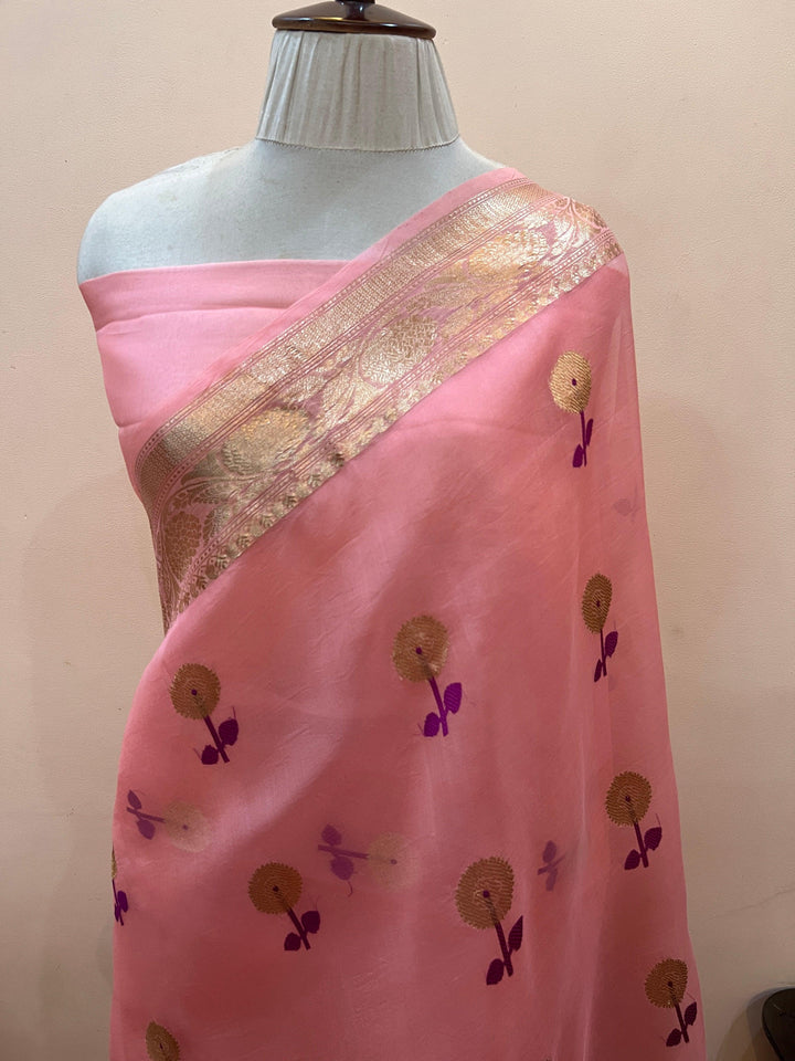 Peach Pure Kora Silk Handloom Banarasi Saree