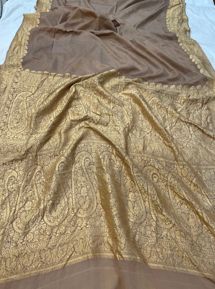 Beige Pure Banarasi Khaddi Crepe Silk Saree - Aura Benaras
