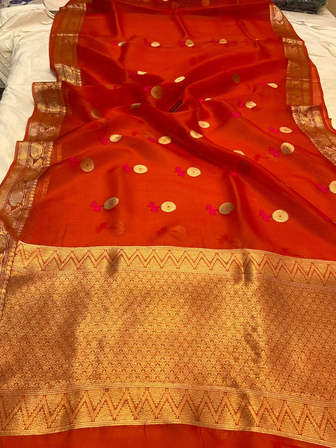 Orange Pure Kora Silk Handloom Banarasi Saree