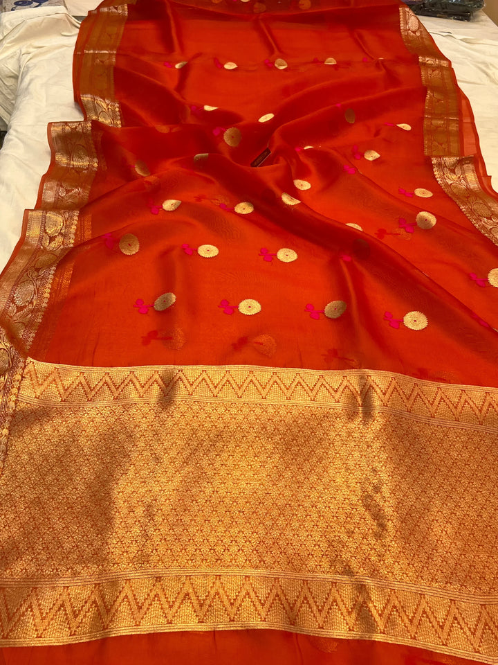 Orange Pure Kora Silk Handloom Banarasi Saree