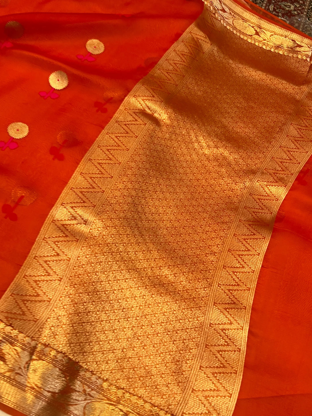 Orange Pure Kora Silk Handloom Banarasi Saree