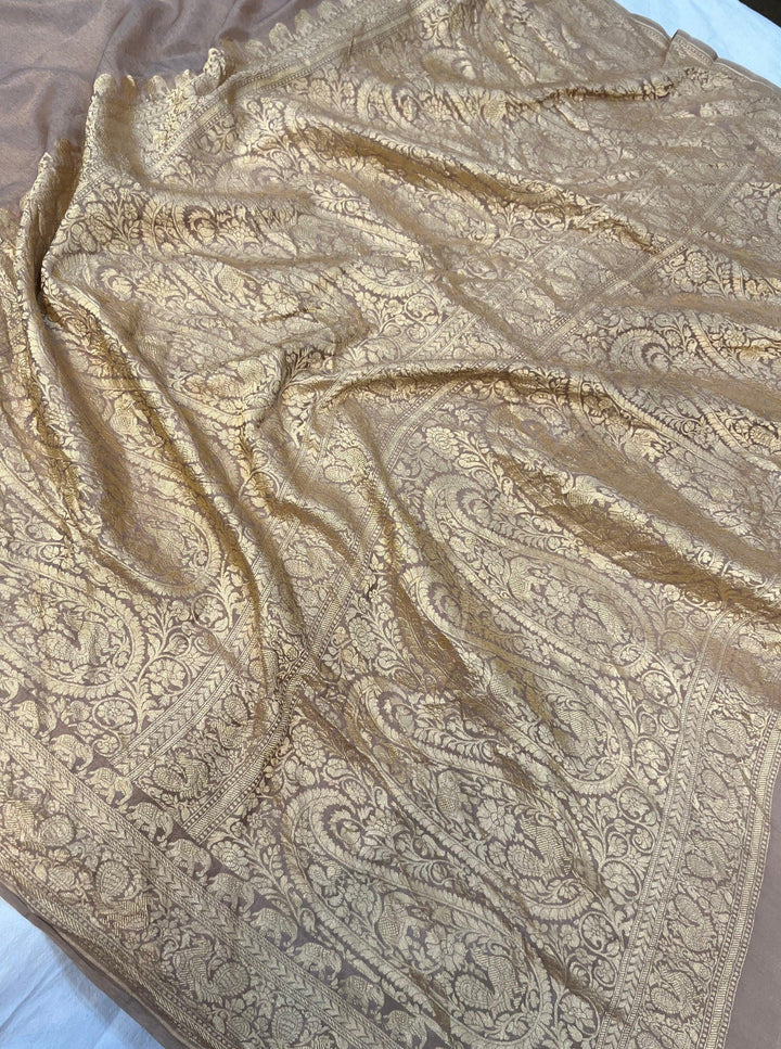 Beige Pure Banarasi Khaddi Crepe Silk Saree - Aura Benaras