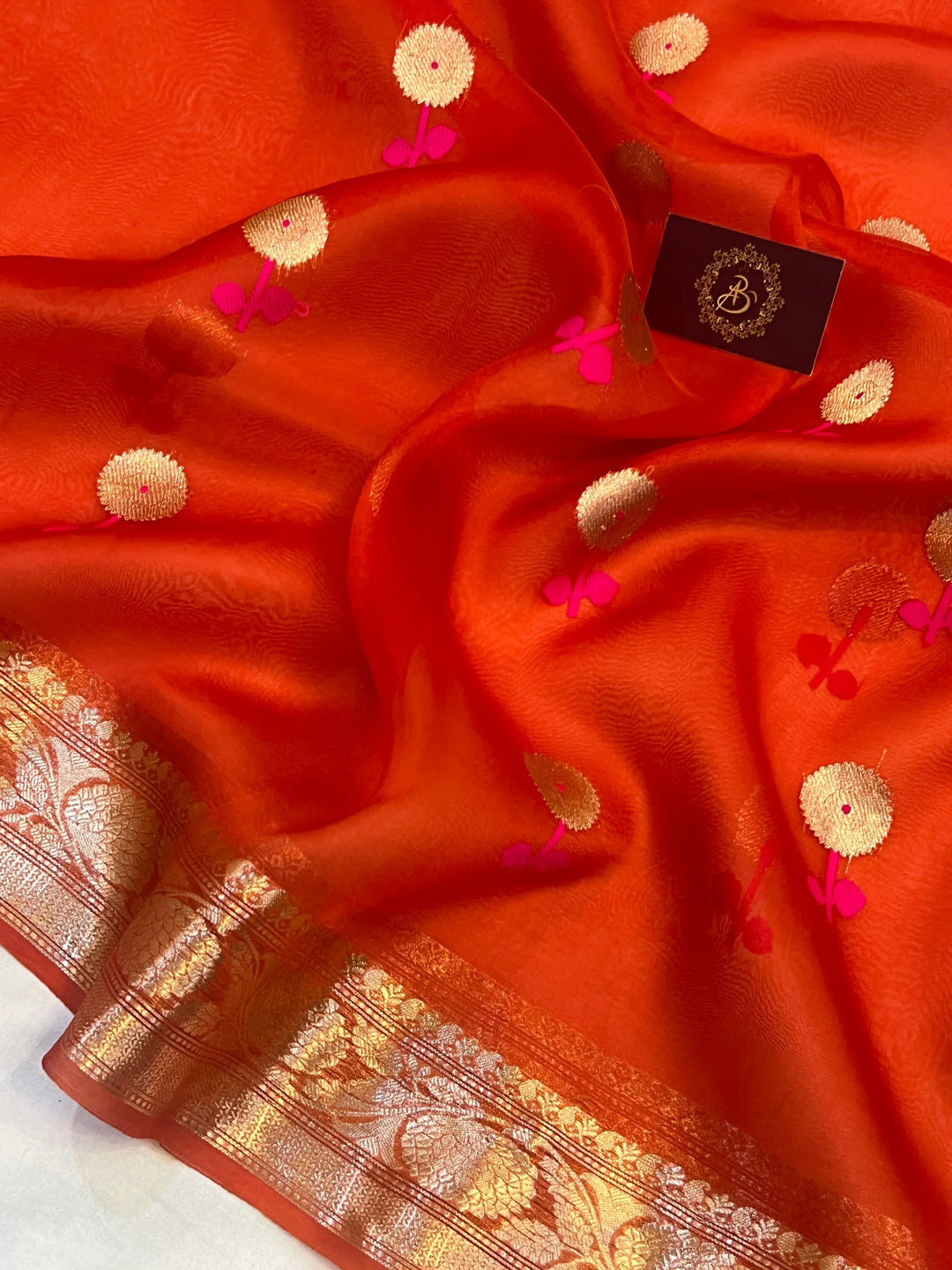 Orange Pure Kora Silk Handloom Banarasi Saree