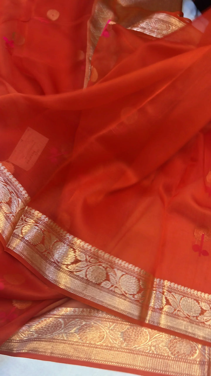 Orange Pure Kora Silk Handloom Banarasi Saree