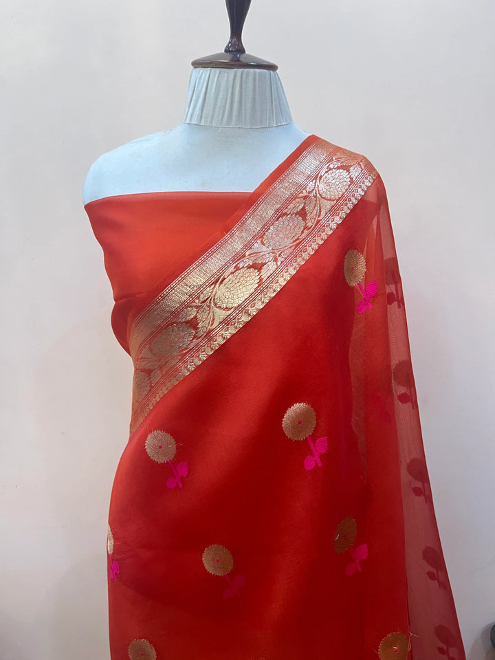 Orange Pure Kora Silk Handloom Banarasi Saree