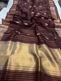 Brown Pure Banarasi Handloom Kora Silk Saree - Aura Benaras