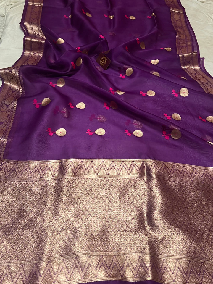Purple Pure Kora Silk Handloom Banarasi Saree