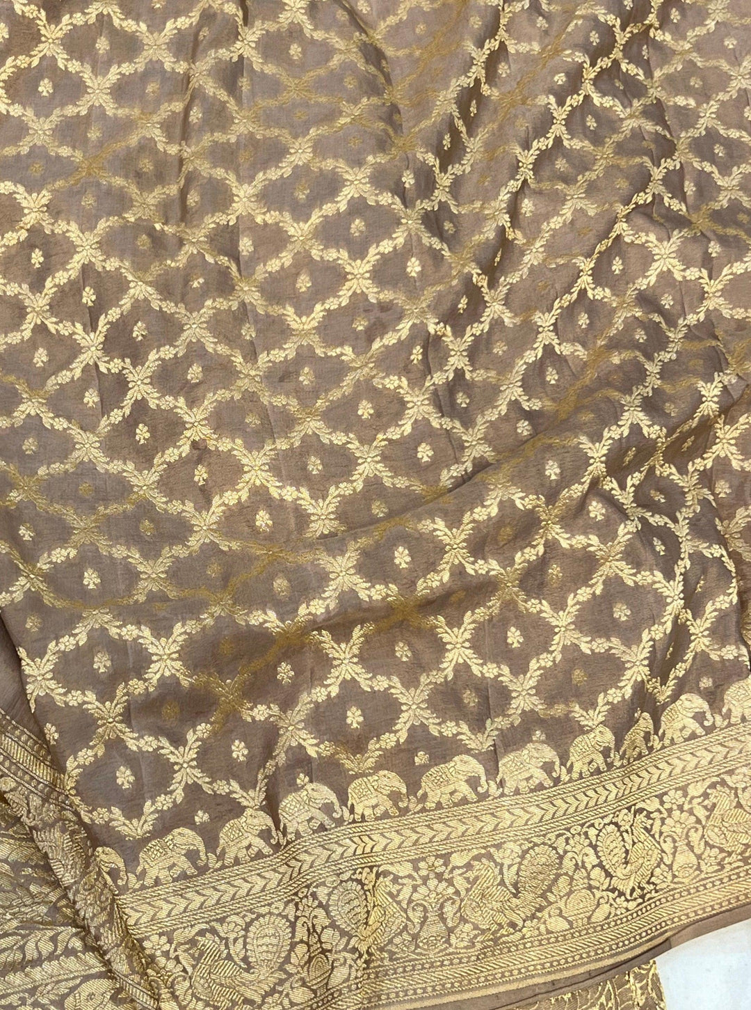 Beige Pure Banarasi Khaddi Crepe Silk Saree - Aura Benaras