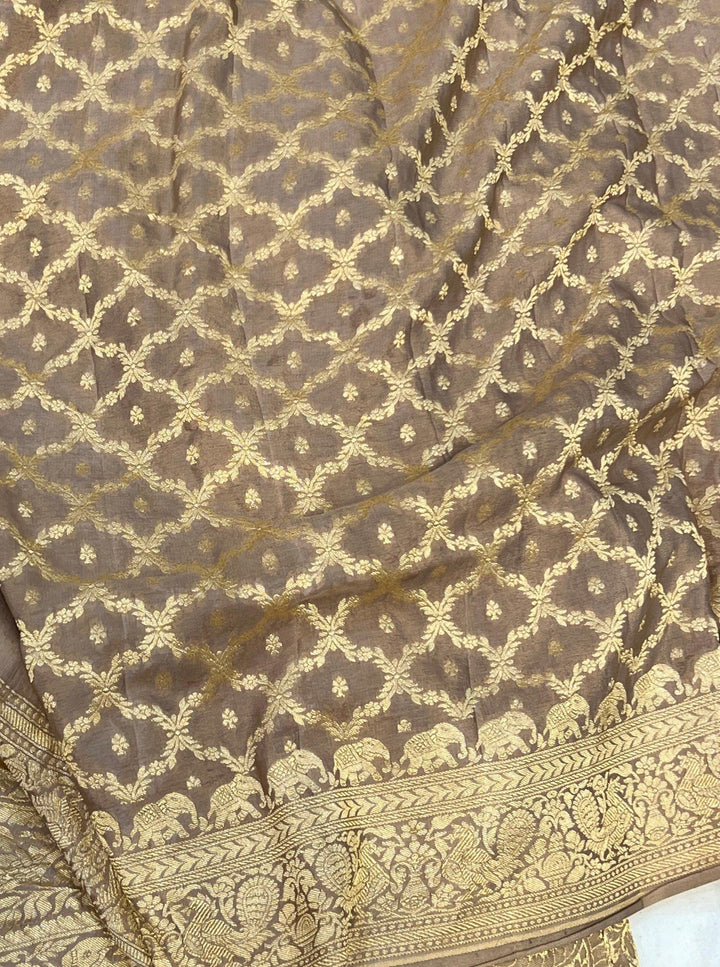 Beige Pure Banarasi Khaddi Crepe Silk Saree - Aura Benaras