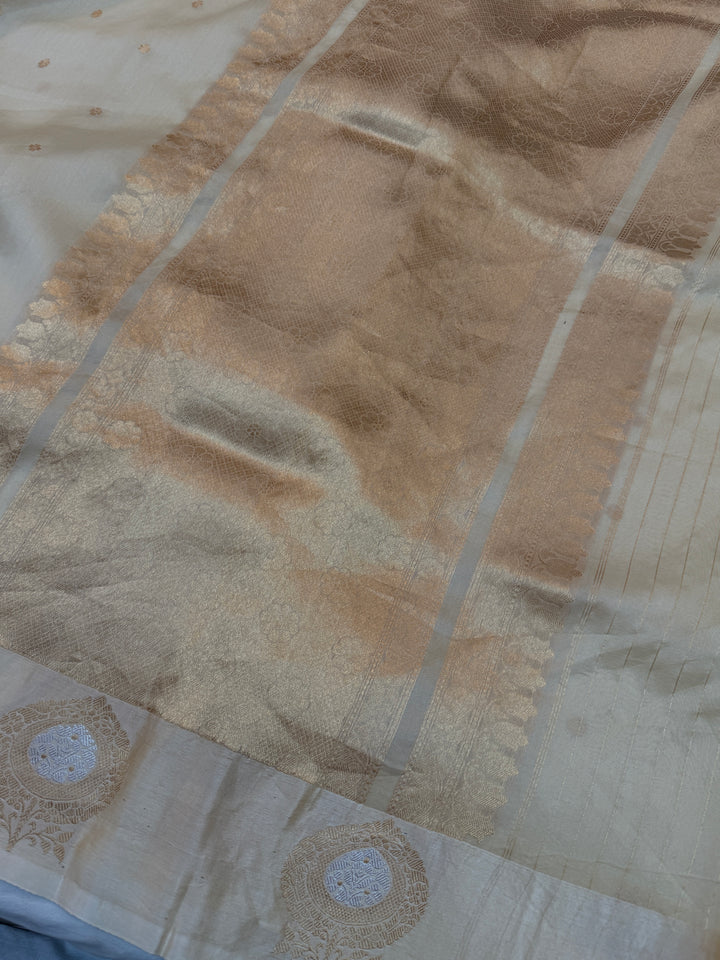 Cream Kora Silk Banarasi Saree with Kadhwa Golden Zari Motif
