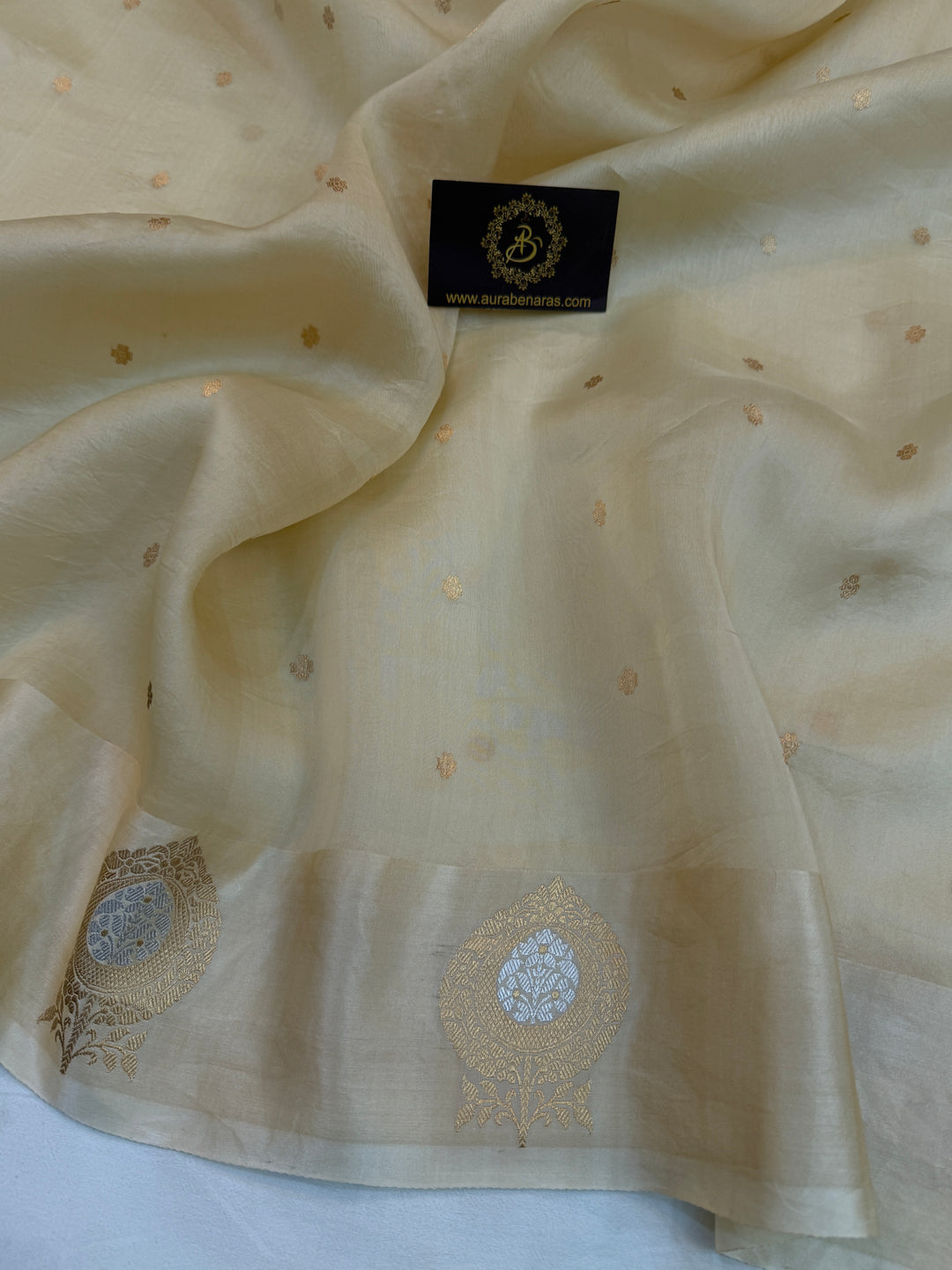 Cream Kora Silk Banarasi Saree with Kadhwa Golden Zari Motif