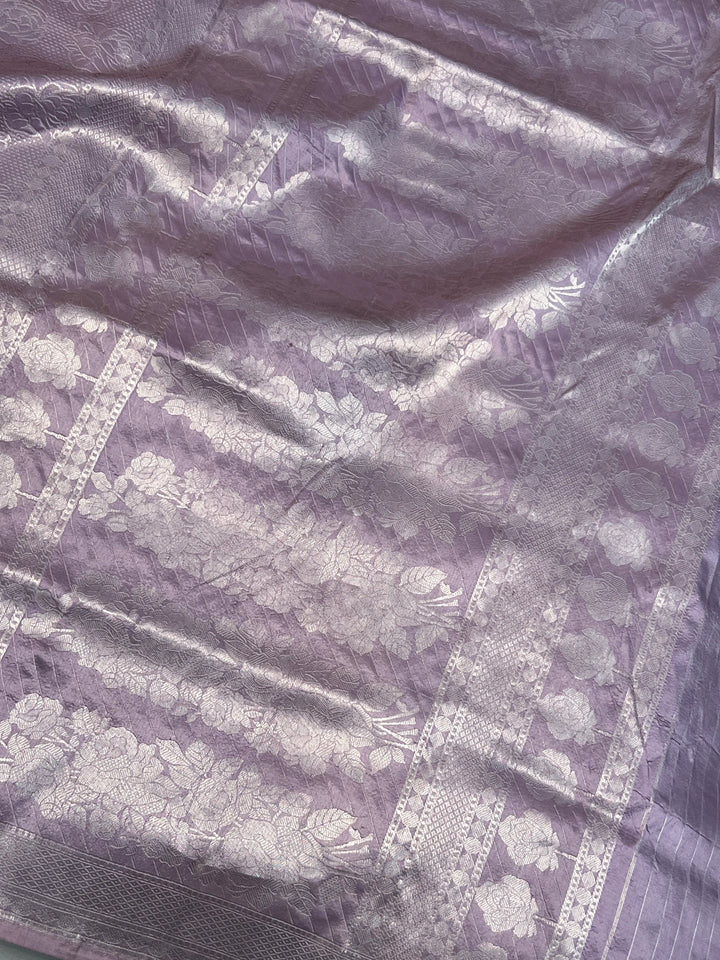 Lavender Pure Katan Silk Banarasi Saree with Floral Brocade Work