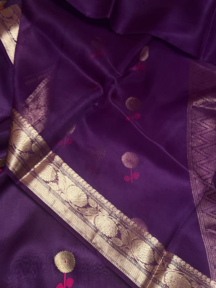Purple Pure Kora Silk Handloom Banarasi Saree
