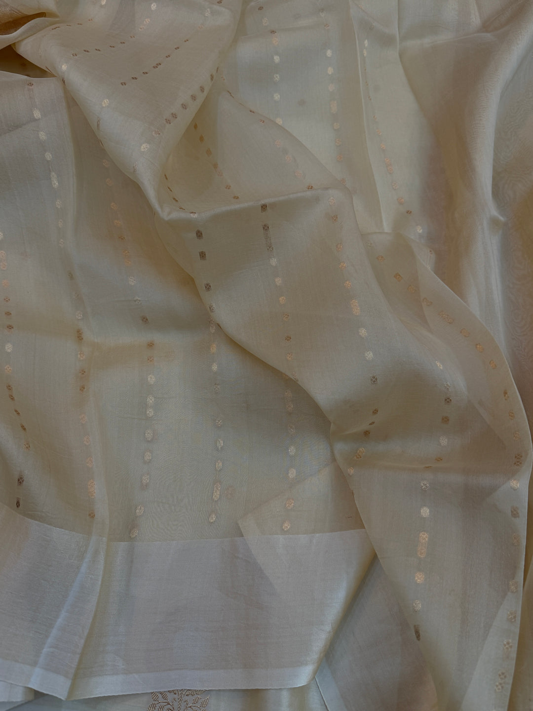 Cream Kora Silk Banarasi Saree with Kadhwa Golden Zari Motif