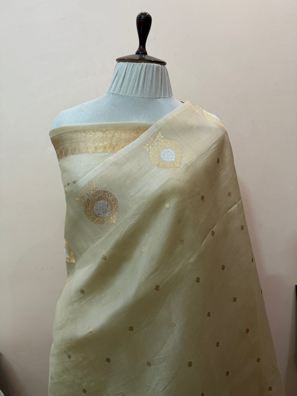 Cream Kora Silk Banarasi Saree with Kadhwa Golden Zari Motif