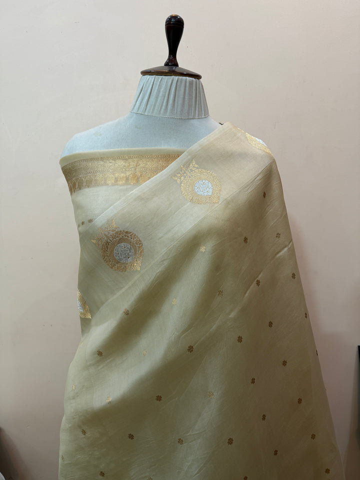 Cream Kora Silk Banarasi Saree with Kadhwa Golden Zari Motif