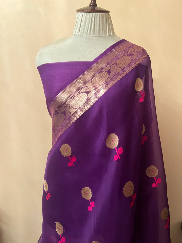 Purple Pure Kora Silk Handloom Banarasi Saree