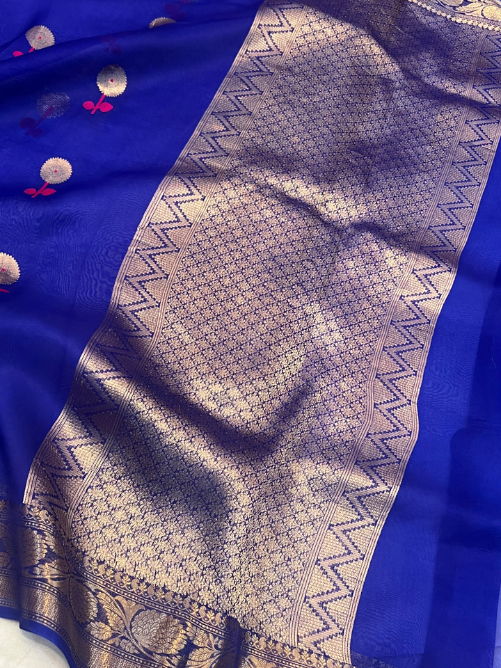 Royal Blue Kora Silk Banarasi Saree | Kadhwa Meenakari Buti