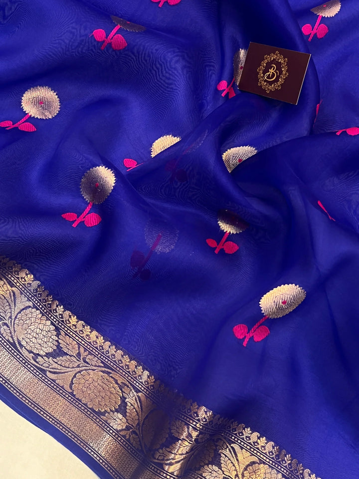 Royal Blue Kora Silk Banarasi Saree | Kadhwa Meenakari Buti