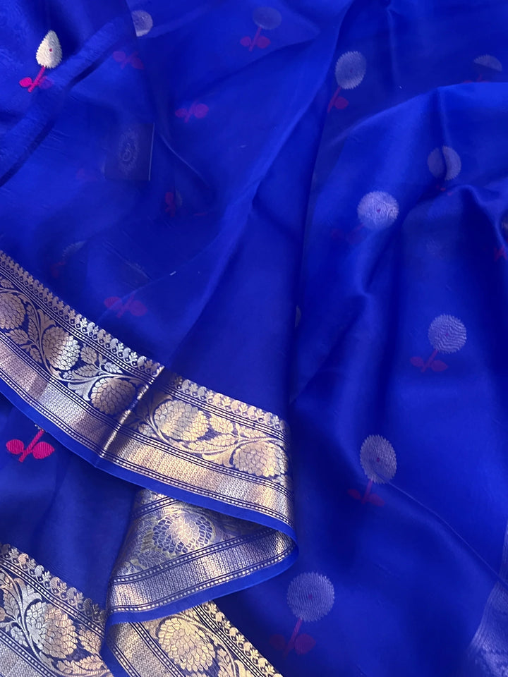 Royal Blue Kora Silk Banarasi Saree | Kadhwa Meenakari Buti