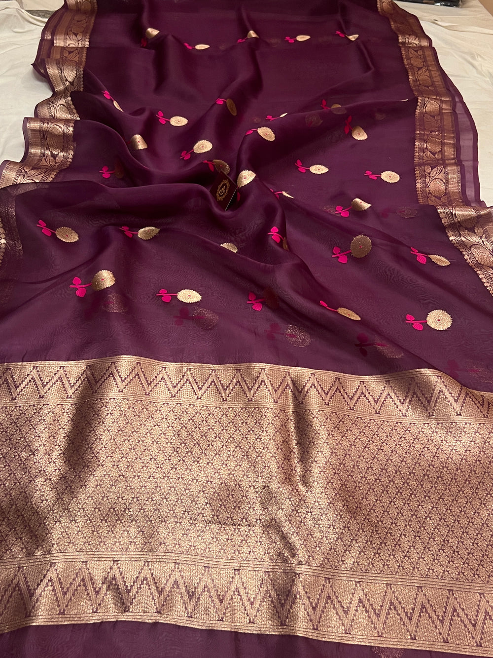 Brown Pure Kora Silk Handloom Banarasi Saree