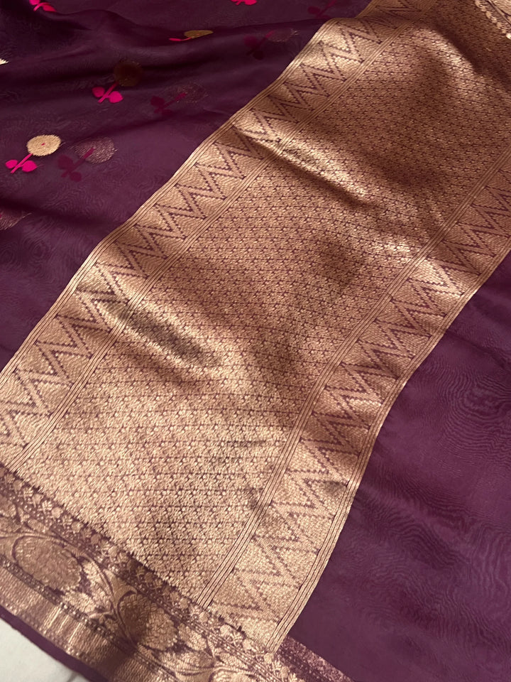 Brown Pure Kora Silk Handloom Banarasi Saree