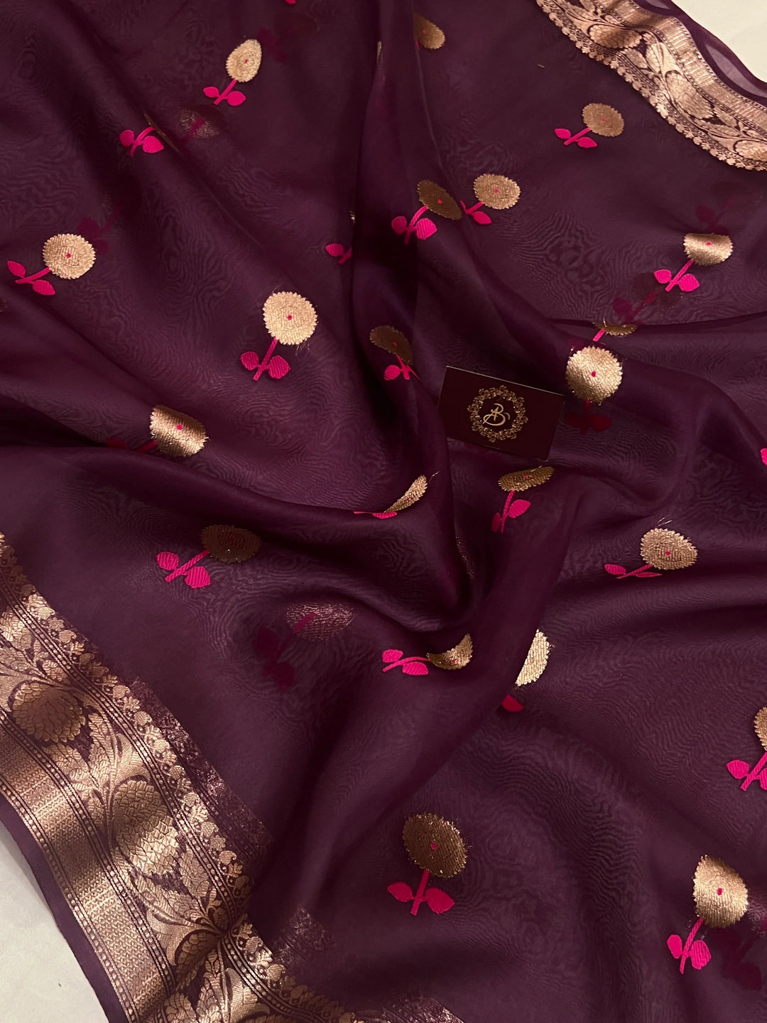 Brown Pure Kora Silk Handloom Banarasi Saree