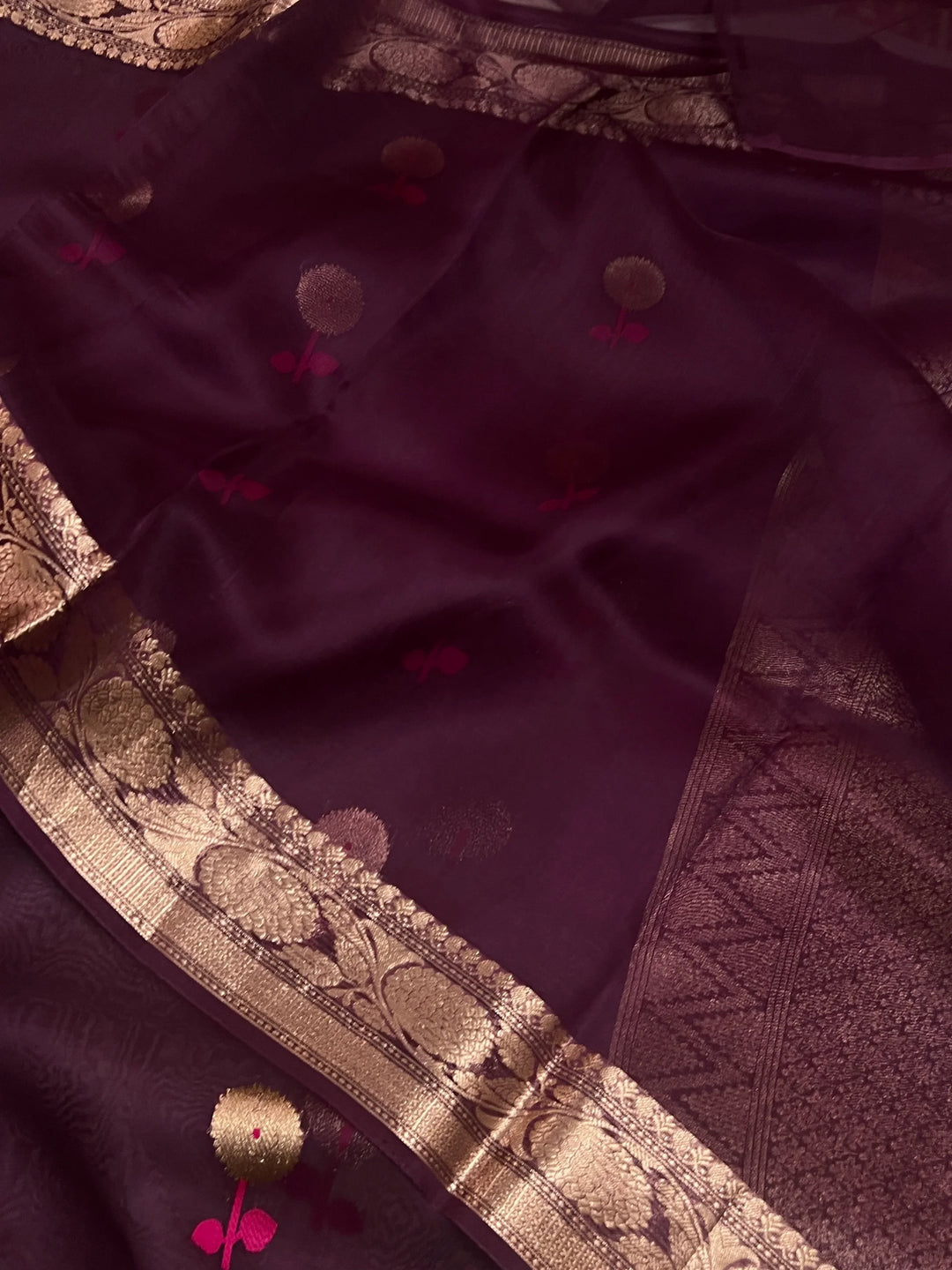 Brown Pure Kora Silk Handloom Banarasi Saree