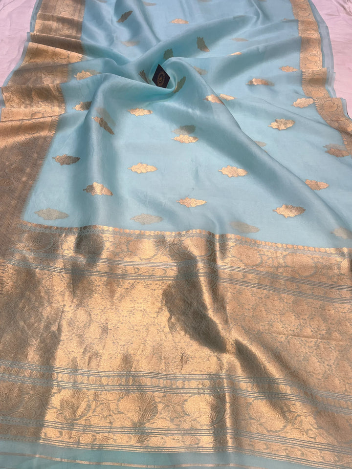 Sky Blue Banarasi Handloom Kora Silk Saree