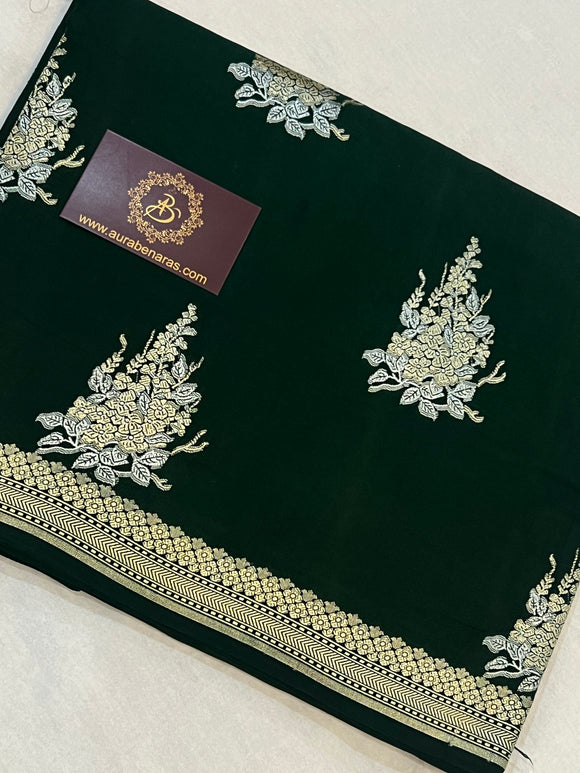 Bottle Green Banarasi Mashru Silk Saree – Buy Pure Handloom | Aura Benaras