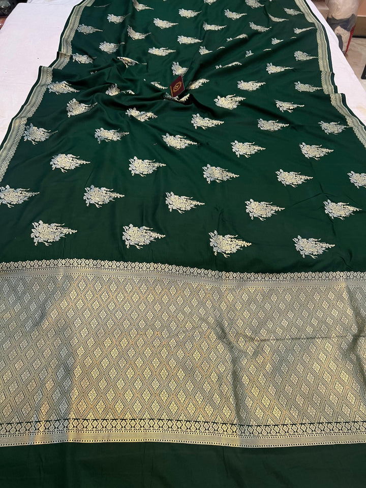 Bottle Green Banarasi Mashru Silk Saree – Buy Pure Handloom | Aura Benaras
