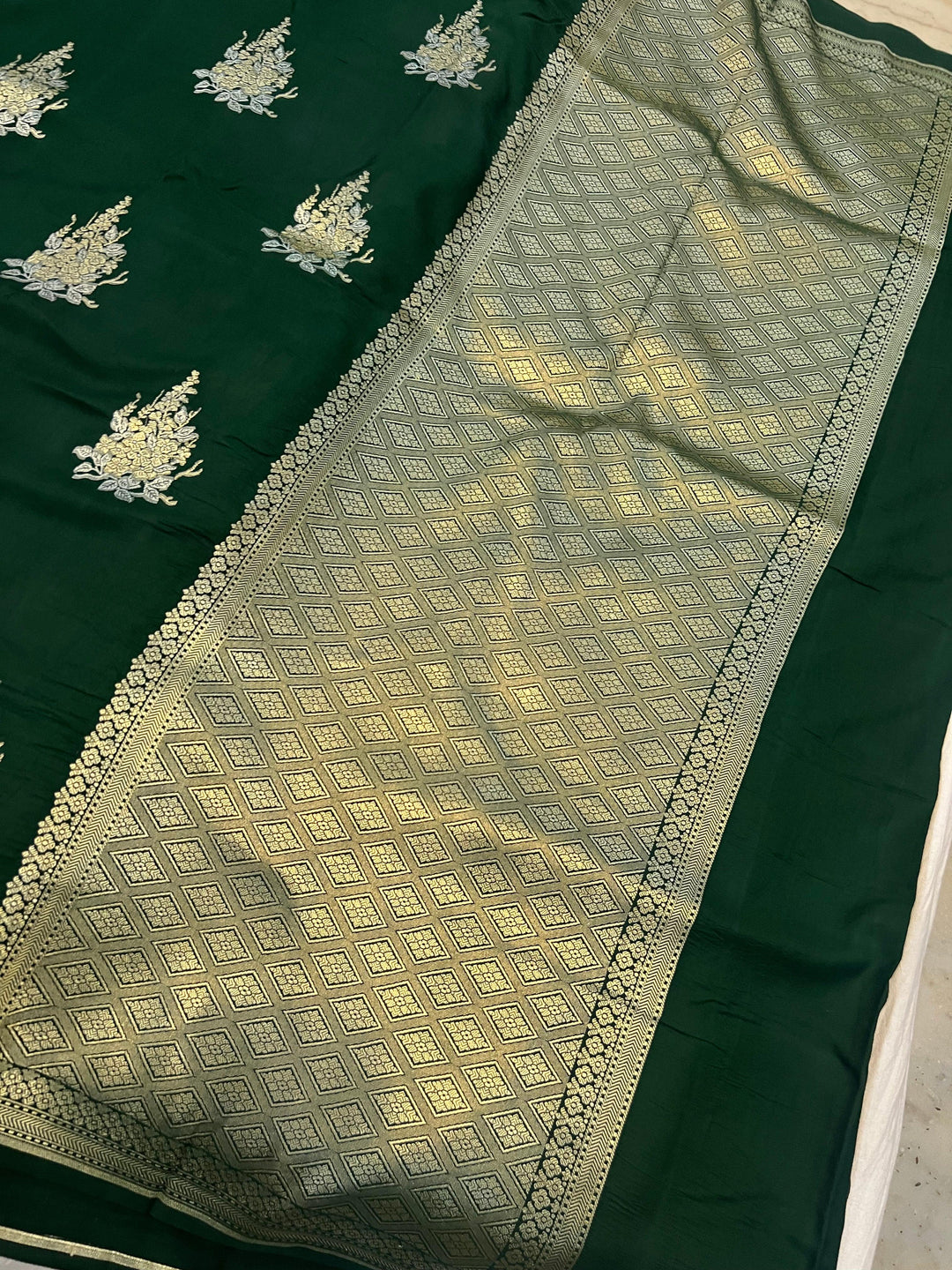 Bottle Green Banarasi Mashru Silk Saree – Buy Pure Handloom | Aura Benaras