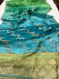 Blue Green Shaded Banarasi Handloom Kora Silk Saree - Aura Benaras