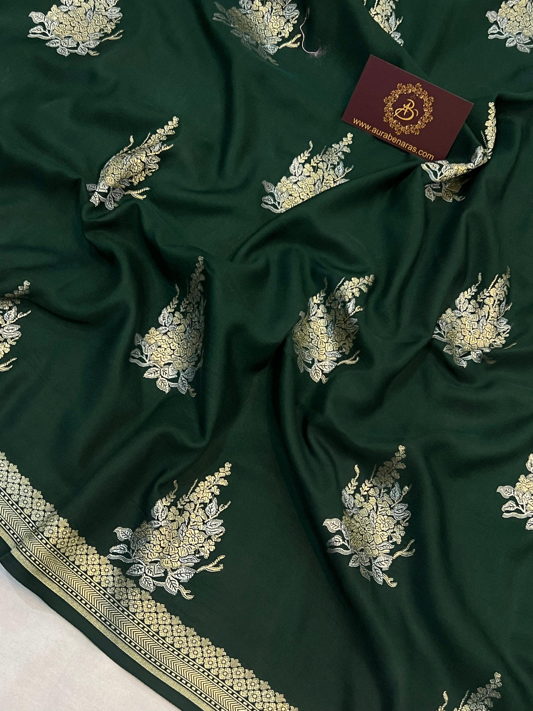 Bottle Green Banarasi Mashru Silk Saree – Buy Pure Handloom | Aura Benaras