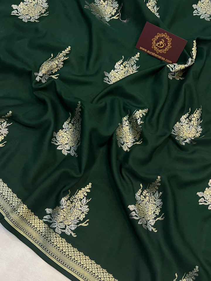 Bottle Green Banarasi Mashru Silk Saree – Buy Pure Handloom | Aura Benaras