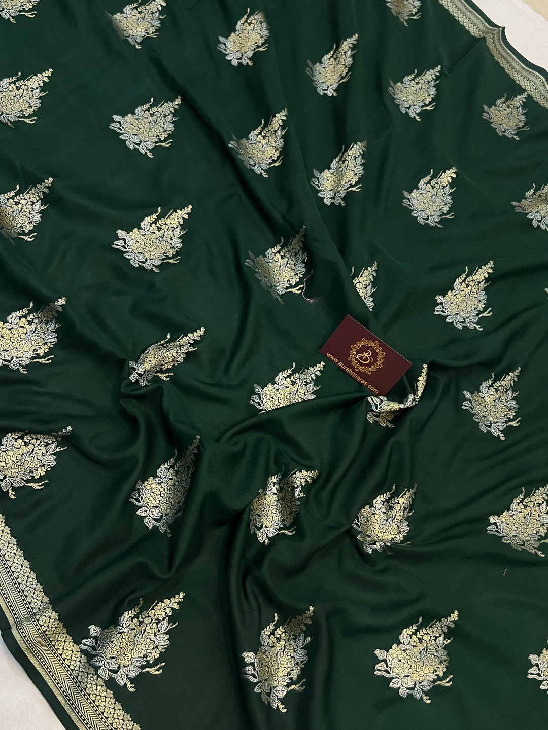 Bottle Green Banarasi Mashru Silk Saree – Buy Pure Handloom | Aura Benaras