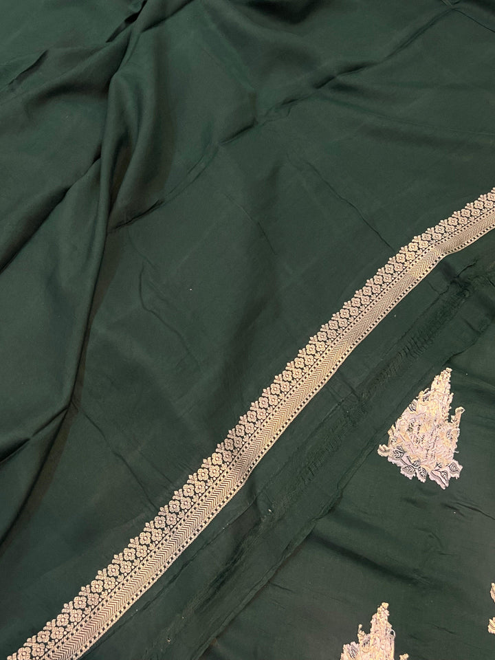 Bottle Green Banarasi Mashru Silk Saree – Buy Pure Handloom | Aura Benaras