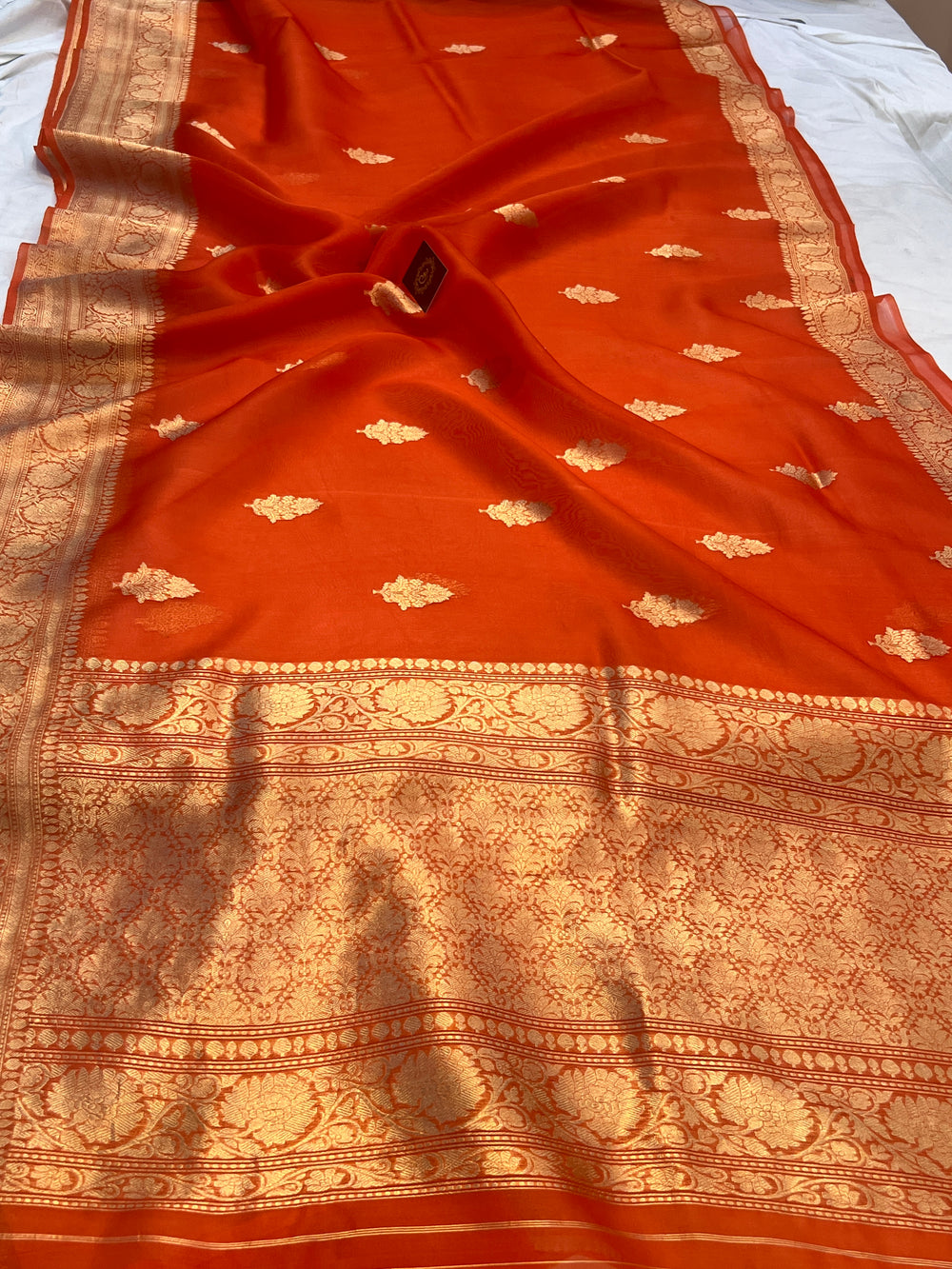 Orange Banarasi Handloom Kora Silk Saree