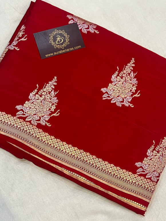 Red Banarasi Mashru Silk Saree – Buy Pure Handloom | Aura Benaras