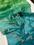 Blue Green Shaded Banarasi Handloom Kora Silk Saree - Aura Benaras